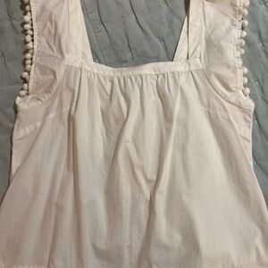 J Crew White Sleeveless Top with Pom Pom Trim